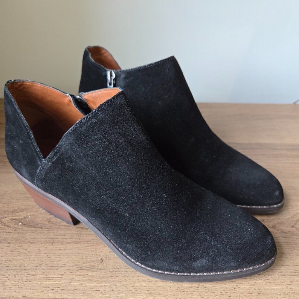 EUC LUCKY BRAND FENLEY GENUINE LEATHER UPPER STACKED HEEL BOOTIES SIZE 8.5 WMNS